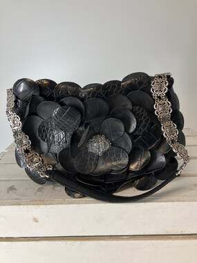BRIGHTON SMALL BLACK LEATHER FLOWER PETAL SHOULDER BAG